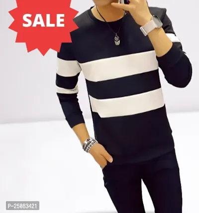 Reliable Black Cotton Blend Striped Round Neck Tees For Men-thumb0