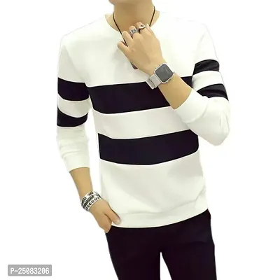 Reliable White Cotton Blend Striped Round Neck Tees For Men-thumb0