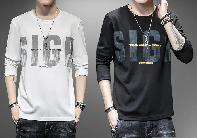 Trendy Stylish  Polycotton Printed Round Neck Full  Sleeves  Tees For Men-Pack Of 2
