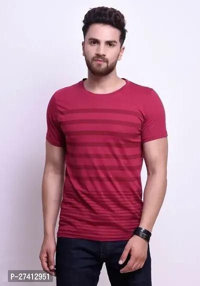 Reliable Red Polyester Striped Round Neck Tees For Men-thumb0