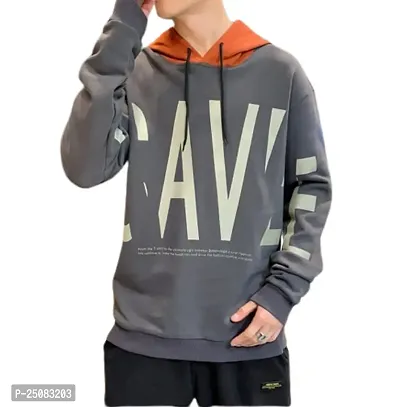 Stylish Grey Cotton Blend Printed Hooded Tees For Men-thumb2