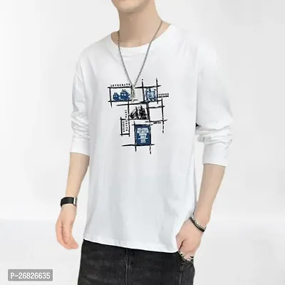 Stylish Cotton Blend White Printed T-Shirt For Men-thumb0