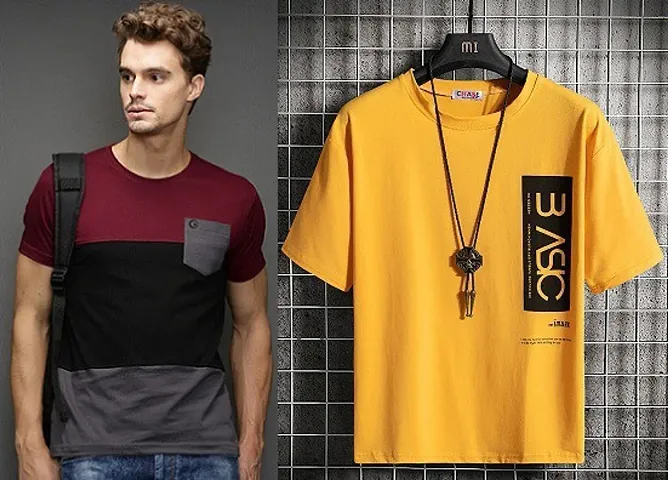 Multicoloured Short-sleeve Round Neck Comfortable Tees for Men