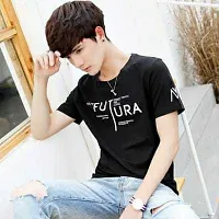 Stylish Cotton Blend Black Printed Round Neck Tees Short Sleeves For Men-thumb2