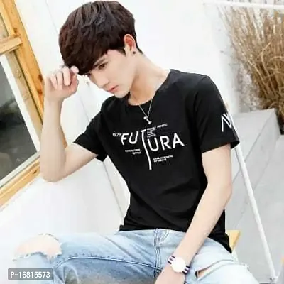 Stylish Cotton Blend Black Printed Round Neck Tees Short Sleeves For Men-thumb3