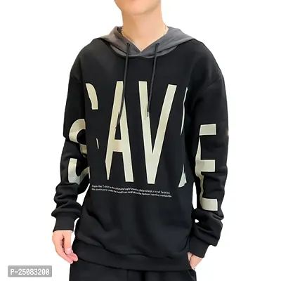 Stylish Cotton Blend Black Printed Hooded Tees Long Sleeves For Men-thumb0