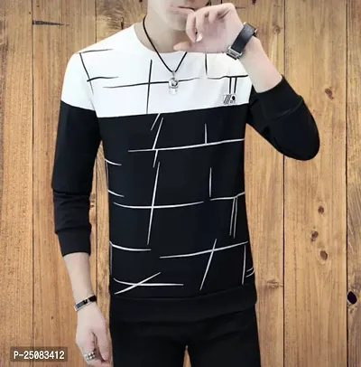 Reliable Black Cotton Blend Self Pattern Round Neck Tees For Men