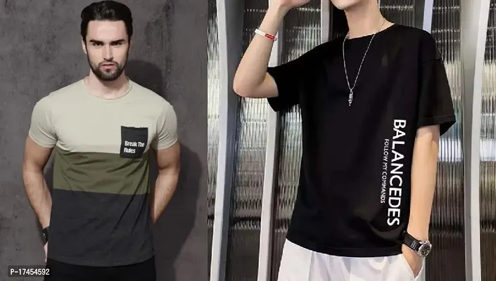 Reliable Multicoloured Polycotton Self Pattern Round Neck Tees For Men-thumb0