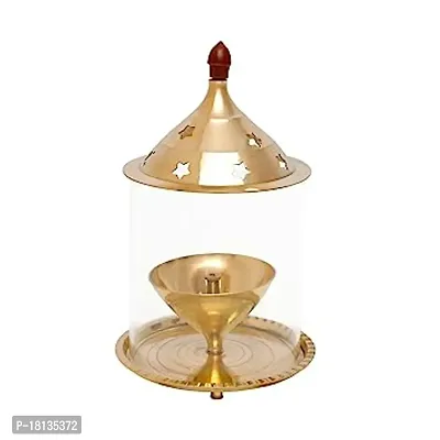 Decorative Brass Pooja Diya for Pooja and Other Religious Ritualsand with Borosilicate Glass Cover for HomeOffice and Temple Traditional Gifting Item-thumb0