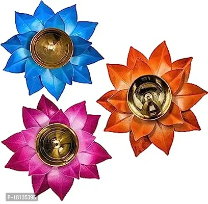 Brass Diyas for Puja ndash; Lotus Lamps for Home and Diwali Decoration Akhand Jyoti Stand with Gift Cover 5 inches Kamal Design Pooja Oil and Camphor Diya Blue Orange Pink and Yellow Pack of 3
