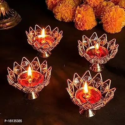 Metal Small Crystal Diya for Pooja Home Diwali Deepak Pooja Mandir Decoration Items Light Lamp Lantern Oil Deep Gift  Set of 4