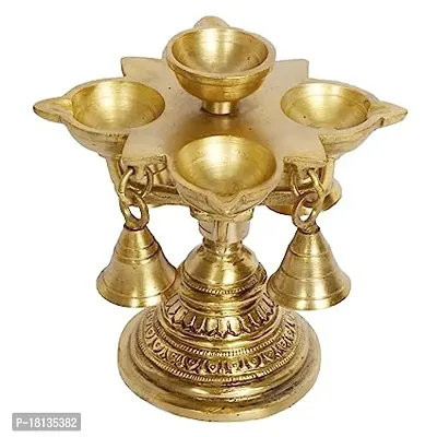 Brass Five in One Oil Lamp Diya with Haning Bell Deepam for Temple Aarti Deepak Pooja Camphor Kapoor Kapur Burner Hand held Dia Puja Jyot Height 5 Inch Gold Color