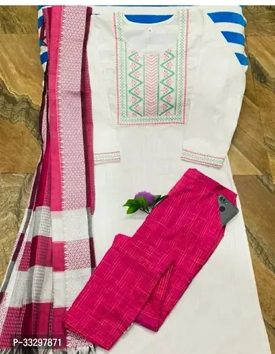 Stylish White Khadi Cotton Printed Kurta and Pant Set With Dupatta For Women-thumb0