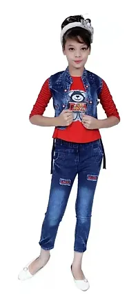 Stylish Self Pattern Top with Jeans And Jacket Set For Girls