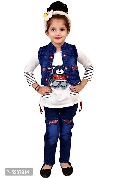 Stylish Cotton Self Pattern Top with Jeans And Jacket Set For Girls-thumb0