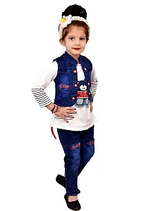 Stylish Cotton Self Pattern Top with Jeans And Jacket Set For Girls-thumb1