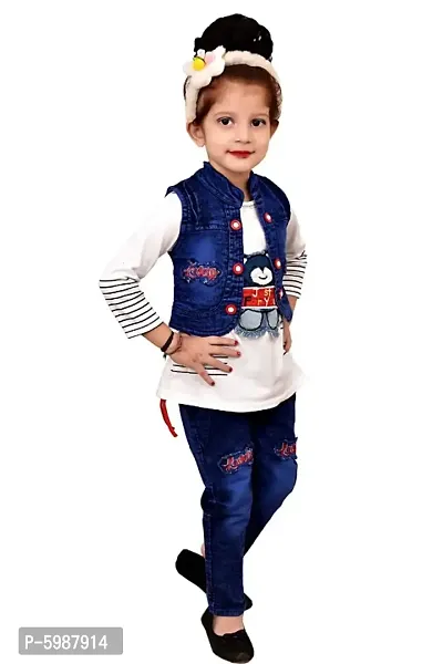 Stylish Cotton Self Pattern Top with Jeans And Jacket Set For Girls-thumb2
