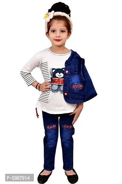 Stylish Cotton Self Pattern Top with Jeans And Jacket Set For Girls-thumb4
