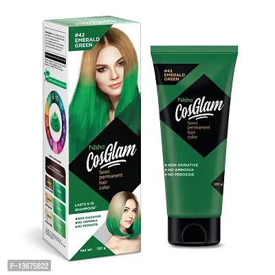 Nisha Cosglam Semi Permanent Hair Color for Unisex, Infused Conditioner, Glossy Finish, No Ammonia, No Peroxide  Non Oxidative, Vegan Highlights Hair Dye 120g #42 Emerald Green