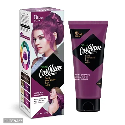 Nisha Cosglam Semi Permanent Hair Color for Unisex, Infused Conditioner, Glossy Finish, No Ammonia, No Peroxide  Non Oxidative, Vegan Highlights Hair Dye 120g #22 French Plum (Purple)-thumb0