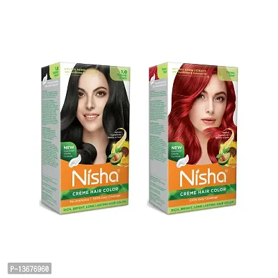 Nisha Creme Hair Color (60g + 60ml + 18ml Conditioner for Each) Combo Pack of Natural Black & Flame Red