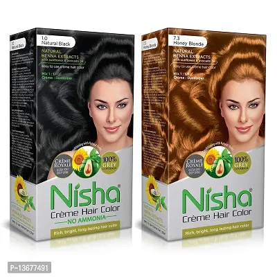 Nisha Cr?me Hair Color (60gm + 60ml + 18ml Conditioner for Each) Combo Pack of Natural Black & Honey Blonde ?