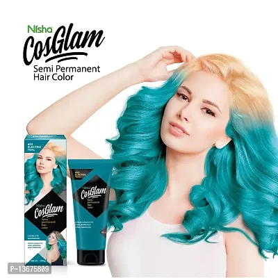 Nisha Cosglam Semi Permanent Hair Color for Unisex, Infused Conditioner, Glossy Finish, No Ammonia, No Peroxide  Non Oxidative, Vegan Highlights Hair Dye 120g #53 Electric Teal-thumb3