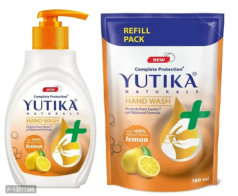 Yutika Naturals Complete Protection Lemon Handwash 100% Natural Extract Liquid Soap Pump, 200ml With 180ml Liquid Refill Handwash