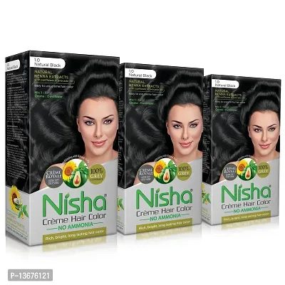 Nisha Cream Hair Color Rich Bright Long Lasting Hair Colouring For Ultra Soft Deep Shine 100% Grey Coverage Conditioning With Natural Herbs 120gm Natural Black (Pack of 3)-thumb0