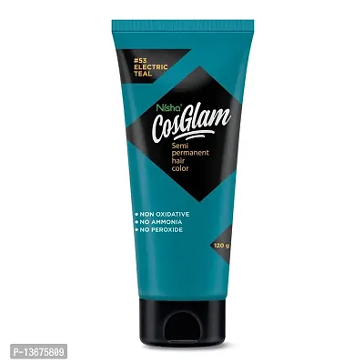 Nisha Cosglam Semi Permanent Hair Color for Unisex, Infused Conditioner, Glossy Finish, No Ammonia, No Peroxide  Non Oxidative, Vegan Highlights Hair Dye 120g #53 Electric Teal-thumb2