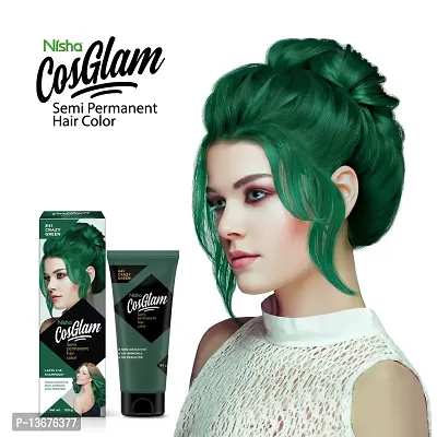 Nisha Cosglam Semi Permanent Hair Color for Unisex, Infused Conditioner, Glossy Finish, No Ammonia, No Peroxide  Non Oxidative, Vegan Highlights Hair Dye 120g #41 Crazy Green-thumb3