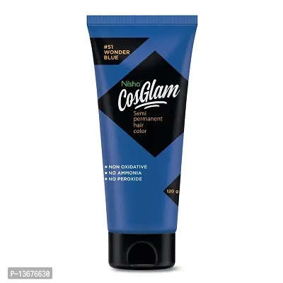 Nisha Cosglam Semi Permanent Hair Color for Unisex, Infused Conditioner, Glossy Finish, No Ammonia, No Peroxide & Non Oxidative, Vegan Highlights Hair Dye 120g #51 Wonder Blue-thumb2