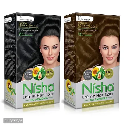 Nisha Cr?me Hair Color (60gm + 60ml + 18ml Conditioner for Each) Combo Pack of Natural Black  Light Brown ?