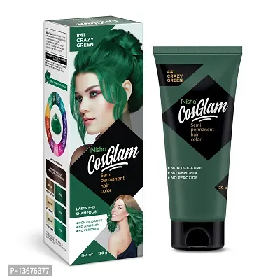 Nisha Cosglam Semi Permanent Hair Color for Unisex, Infused Conditioner, Glossy Finish, No Ammonia, No Peroxide  Non Oxidative, Vegan Highlights Hair Dye 120g #41 Crazy Green