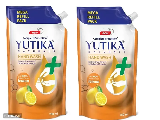 Yutika Naturals Hand Wash Complete Protection 100% Natural Extract for Hand Hygiene Protect from Germs pH Balanced Formula Lemon 750ml (Pack of 2)