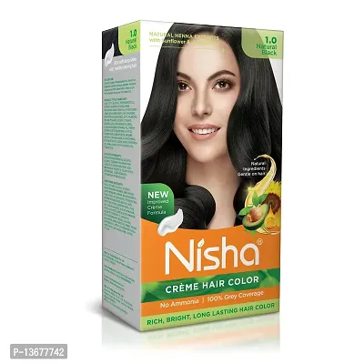 Nisha Cream 1.0 Natural Black Hair Color | Long-Lasting, Permanent, Bright, Shiny, Hair Colour For Women | Ammonia Free Black Hair Colour | 60ml + 60gm