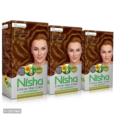 Nisha Cream Hair Color Rich Bright Long Lasting Hair Colouring For Ultra Soft Deep Shine 100% Grey Coverage Conditioning With Natural Herbs Golden Brown (Pack of 3)