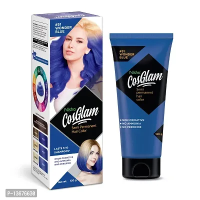 Nisha Cosglam Semi Permanent Hair Color for Unisex, Infused Conditioner, Glossy Finish, No Ammonia, No Peroxide & Non Oxidative, Vegan Highlights Hair Dye 120g #51 Wonder Blue-thumb0