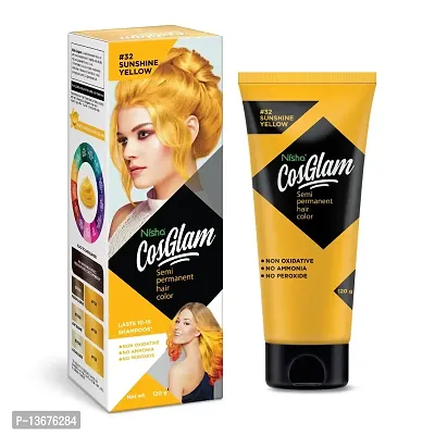 Nisha Cosglam Semi Permanent Hair Color for Unisex, Infused Conditioner, Glossy Finish, No Ammonia, No Peroxide  Non Oxidative, Vegan Highlights Hair Dye 120g #32 Sunshine Yellow