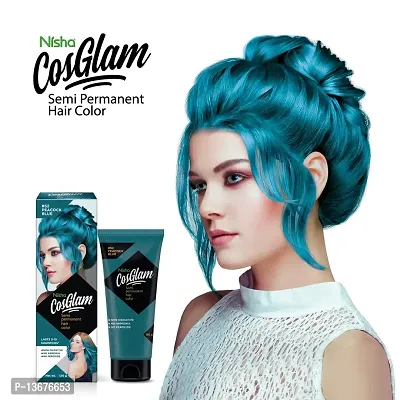 Nisha Cosglam Semi Permanent Hair Color for Unisex, Infused Conditioner, Glossy Finish, No Ammonia, No Peroxide  Non Oxidative, Vegan Highlights Hair Dye 120g #52 Peacock Blue-thumb3