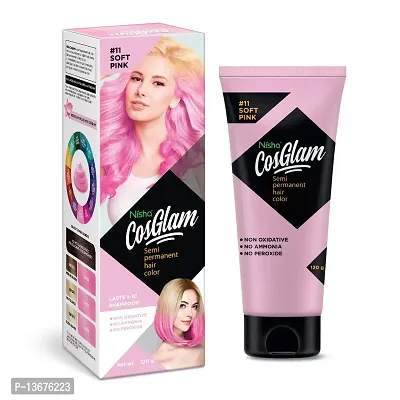 Nisha Cosglam Semi Permanent Hair Color for Unisex, Infused Conditioner, Glossy Finish, No Ammonia, No Peroxide & Non Oxidative, Vegan Highlights Hair Dye 120g #11 Soft Pink (Light Pink)