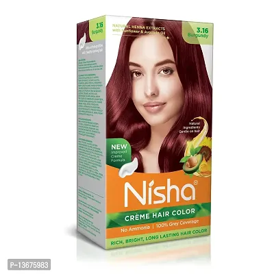 Nisha Cream Hair Color, Natural Extract, Bright, Vibrant, Hair Colour For Women, 60g + 60ml (Pack Of 1) - 3.16 Burgundy ?-thumb0