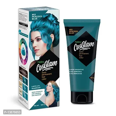 Nisha Cosglam Semi Permanent Hair Color for Unisex, Infused Conditioner, Glossy Finish, No Ammonia, No Peroxide  Non Oxidative, Vegan Highlights Hair Dye 120g #52 Peacock Blue-thumb0