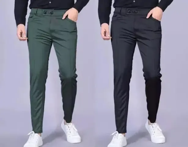 Stylish Multicoloured Lyocell Solid Casual Trousers For Men Pack Of 2