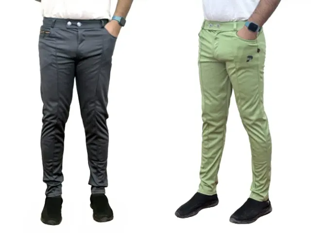 Alluring Cotton Spandex Solid Casual Trousers For Men- Pack Of 2