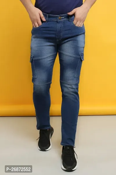 Stylish Navy Blue Denim Faded Mid-Rise Jeans For Men