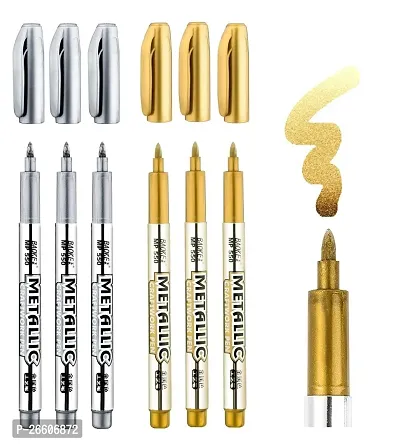 Office Petals Metallic Craftwork Pen 1.5mm Nib Silver  Golden Pen for application on Paper, Cloth, Leather, Plastic, Glass, Ceramics, CDs etc. Marker Ink (Pack of 6, Golden, Silver)-thumb0