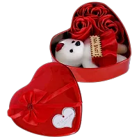 Office Petals Heart Shape Box with Teddy and 3 Pcs Artificial Rose, Valentine Day Gift for Wife,Girlfriend,Boyfriend,Husband Red Heart Box with Three Artificial Flower  Teddy Bear Gift Set,-thumb4