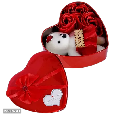Office Petals Heart Shape Box with Teddy and 3 Pcs Artificial Rose, Valentine Day Gift for Wife,Girlfriend,Boyfriend,Husband Red Heart Box with Three Artificial Flower  Teddy Bear Gift Set,-thumb5