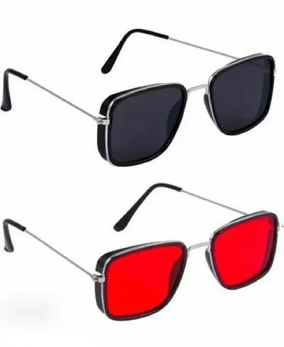 Unisex Small Rectangle Red lens Yellow Metal Frame Clear Lens Sun Glasses -  Gold-red - C8189HN7LGW